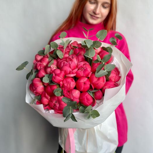 29 peonies with eucalyptus