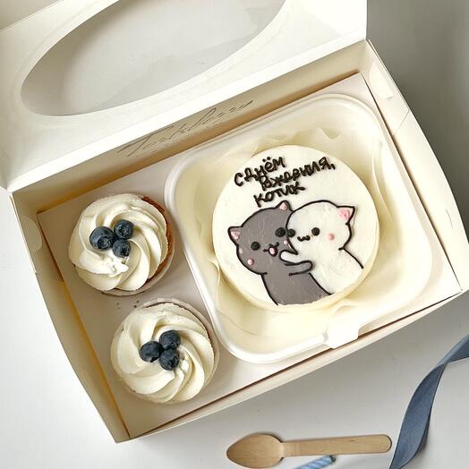 Conjunto de pastel de Bento y cupcakes de 2 piezas para cumpleaños con gatos