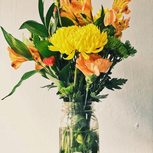 Window Garden: 5 Stems Alstroemeria, 1 Yellow Deco, 6 Orange Carnations   Vase