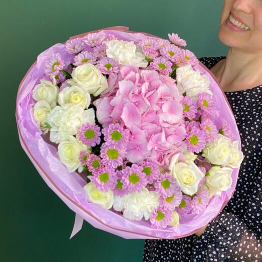 40 - Bouquet with Hydrangea, white bush Roses, white Dianthus, mini Santini Chrysanthemums