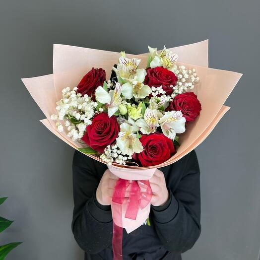 Red Roses and White Alstroemeria