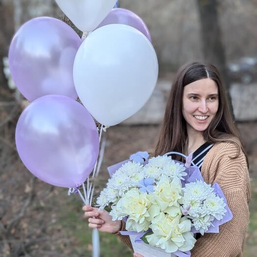 Сет: Композиция в сумочке "Сиреневая льдинка" + 5 шаров