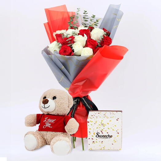 Beauty in Red and White 21 Roses Bouquet Trio