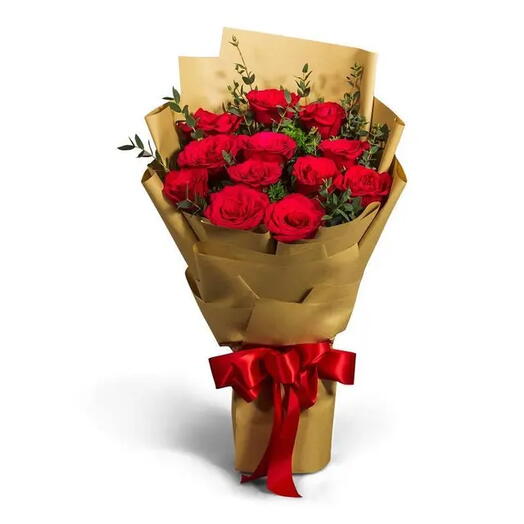 Valentines Dat Red Roses Golden Wrapped Bouquet