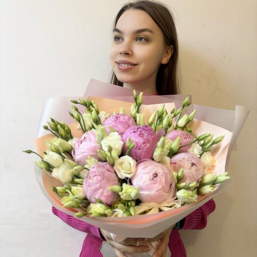 Delicate Elegant bouquet of peonies (France) and white eustom