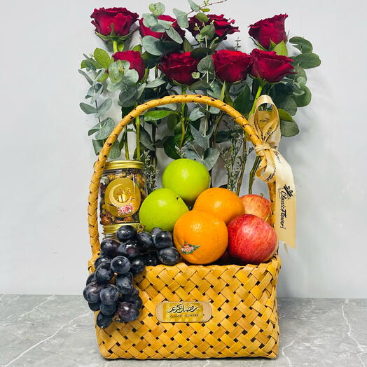 Fruit and Nut Wooden Basket with Roses and Eucalyptus