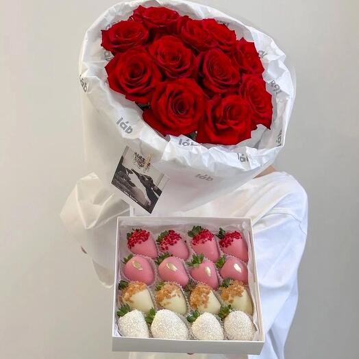 Комбо розы  + клубника 🍓