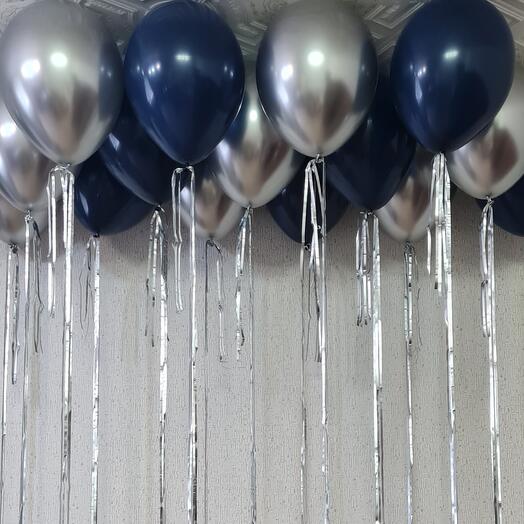 🎈 Шары под потолок 15 шт: хром серебро и матовые темно-синие с дождиком серебро