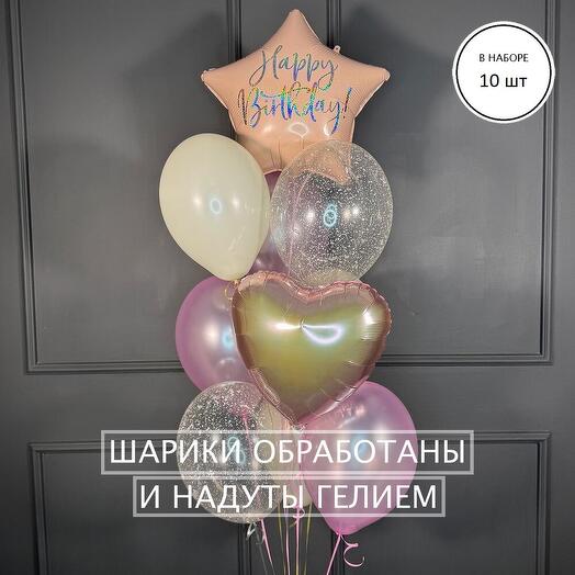 Фонтан из розовых и прозрачных шариков со звездой и сердцем 10 шт