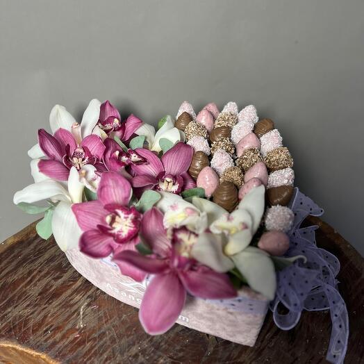 Flowers in a box + chocolate-covered strawberries
