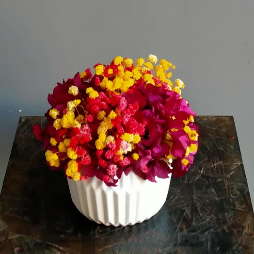 Композиция из стабилизированных цветов. Композиция из гортензии и гипсофилы «Осенний покров»