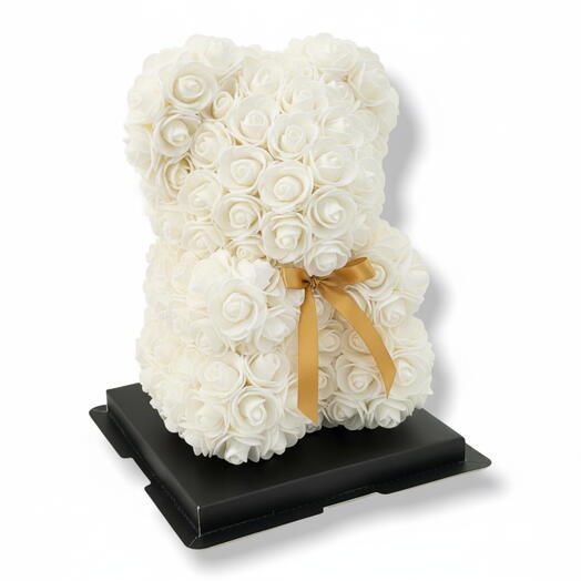 Ursinho branco de rosas de espuma, rosas eternas artificiais, ursinho de rosas em embalagem