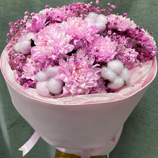 Букет хризантема с хлопком и гипсофилой💕