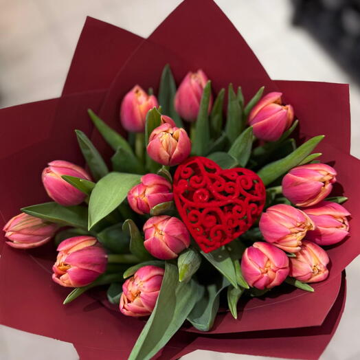 Pink tulips with heart