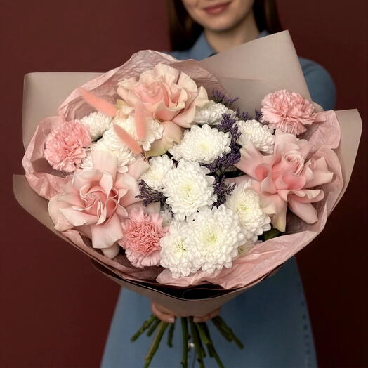Delicate Message bouquet chrysanthemum, French rose, dianthus