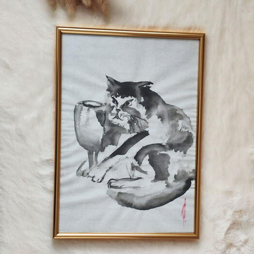 Картина Кот,вино и мысли