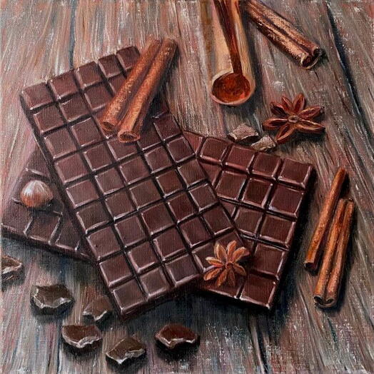 Время для шоколада — авторская картина маслом, натюрморт с шоколадом и пряностями