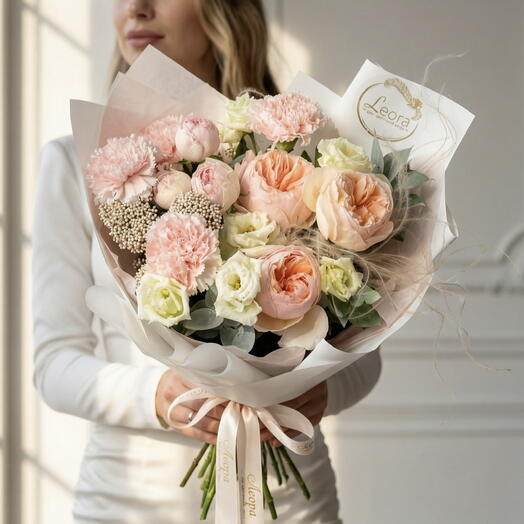 Букет Джульетта. Пионовидные розы и диантус. Авторский букет 685. Leoraflowers