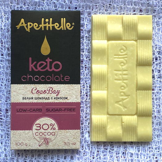 Шоколад без сахара белый с кокосом Apetitelle, 30% какао, плитка 100 гр