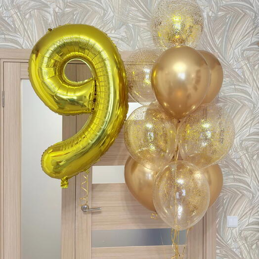 Гелиевые воздушные шарики на 9 лет в золотых цветах. Шары на день рождения мальчику, сыну, брату