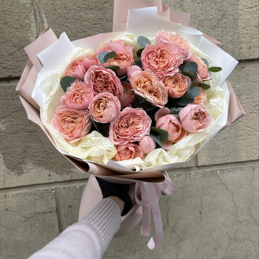 Букет🍊 «После дождя в саду у Одри»🌸🍁из пион роз с эвкалиптом