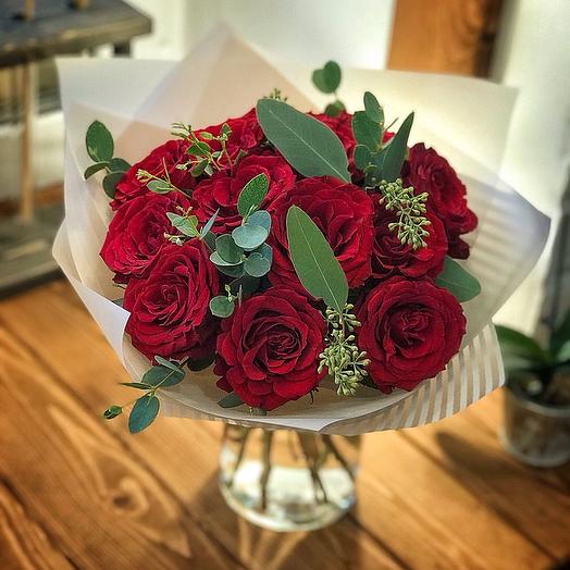 Red roses with eucalyptus