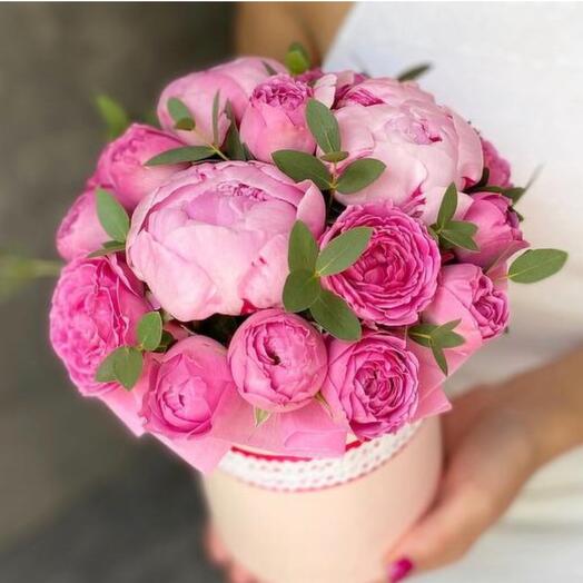 A box of roses and peonies