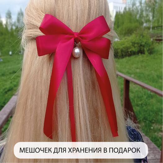 Бант для волос атласный с жемчугом на заколке-автомат красный