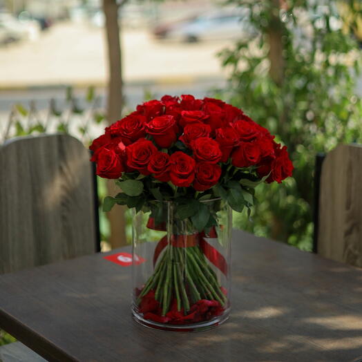 51 Red roses in vase