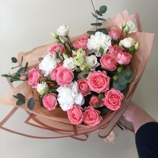 Author's bouquet with peony-shaped bush roses and fragrant dianthus