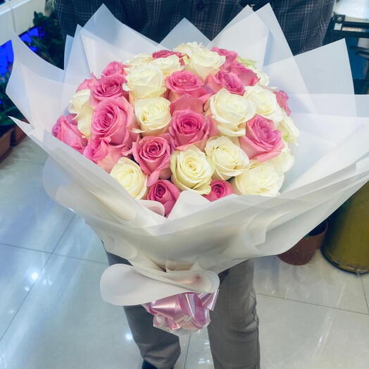 50 Pink and White Mixed Rose Bouquet