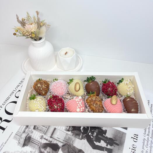 A set of strawberries in different chocolate