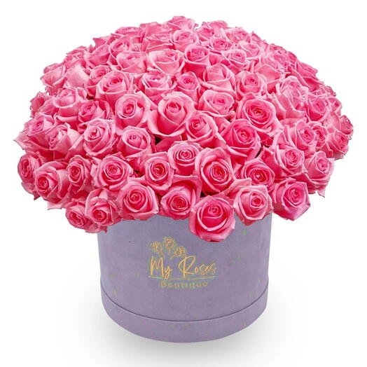 Light Purple Velvet Box With 100 Pink Roses