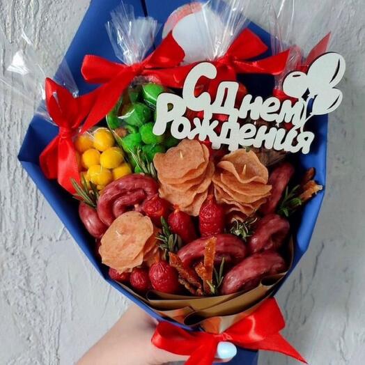 Съедобный мужской вкусный колбасный букет на 23 февраля