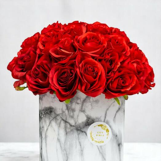 Lovely Arrangement – Fresh Red Rose Box in Marble Ceramic Vase (25 Roses)