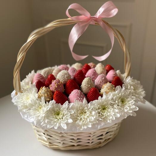 Корзина с клубникой и цветами