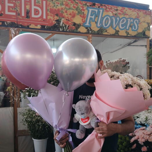 Lily сет: из хризантем 🌺🦋🍀 + 3 шара + вкусный бенто торт и набор гелиевых шаров! 🧁🍰🎂🍥🍭🍬️