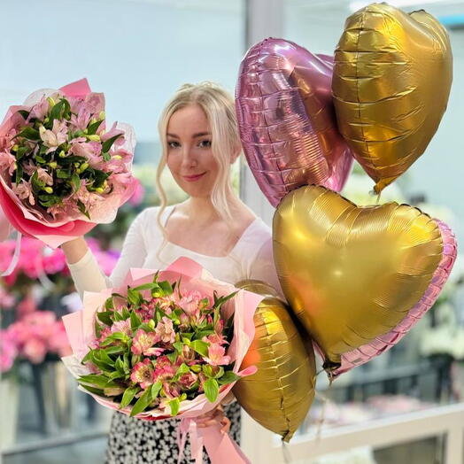 Комбо-набор: фольгированные шары сердца с букетами из альстромерий: 15 и 25 штук в оформлении
