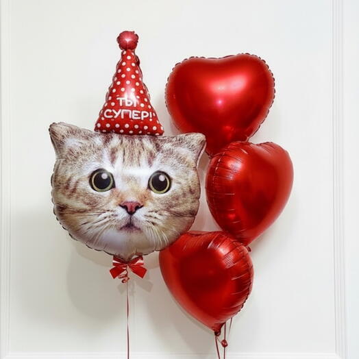 Набор Шаров « Котик в колпачке с бантиком и сердечками»