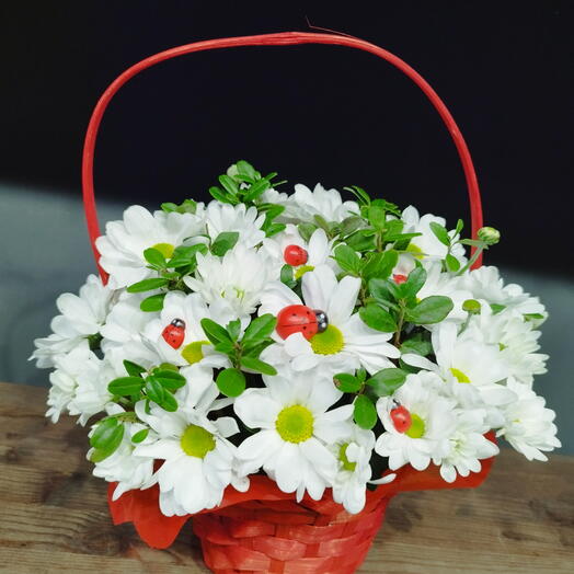 Корзина с ромашками и божьими коровками