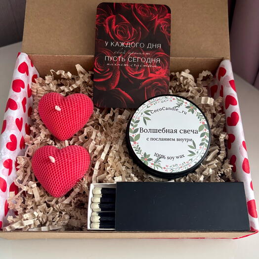 Подарок для мужчины на 23 февраля: свеча  «Счастье- это быть с тобой» аромат «Ирландский виски» и свечи сердечки