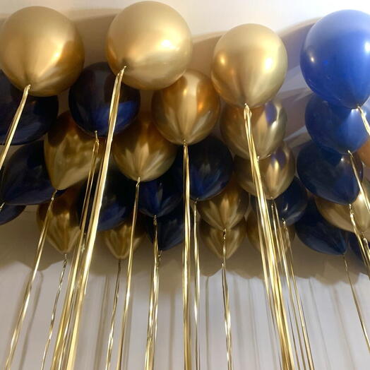 Шары с дождиком под потолок золотые и темно-синие 30 штук