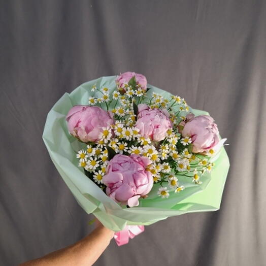 5 ть розовых 💖 пионов 💖с ромашкой