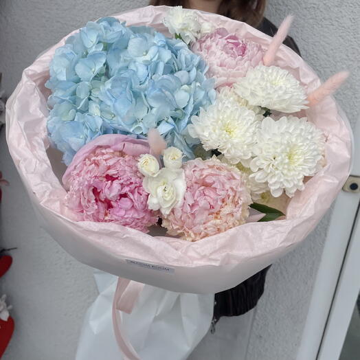 Авторский букет «Нежное мороженое» 🌸🤍Bloom room, пион, гортензия, диантус, хризантема