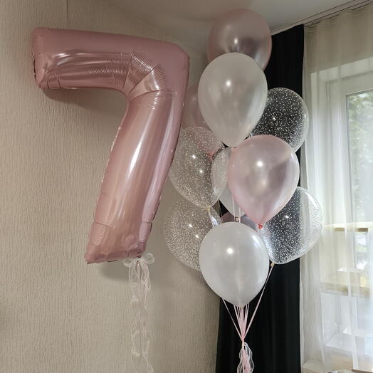 Шарики белые,розовые и конфетти пенопласт, точки белые на 7лет девочки, дочки-12шаров