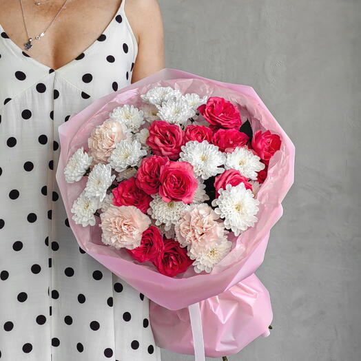 Букет (М) Милый Яркий с Розовой Розой💗