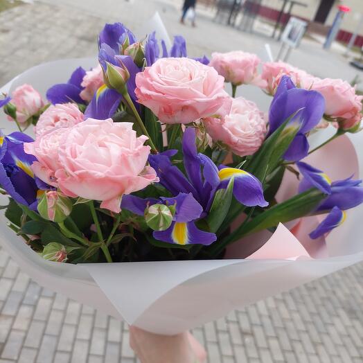 Bouquet of bush peony roses and irises