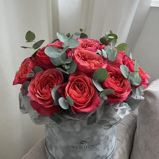 Вишневые пионовидные розы в бархатной коробке