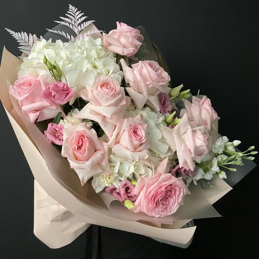 Bouquet with peony roses and hydrangeas