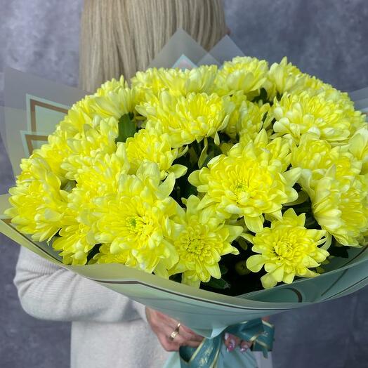 Яркий монобукет из 15 желтых кустовых хризантем в лёгкой упаковке